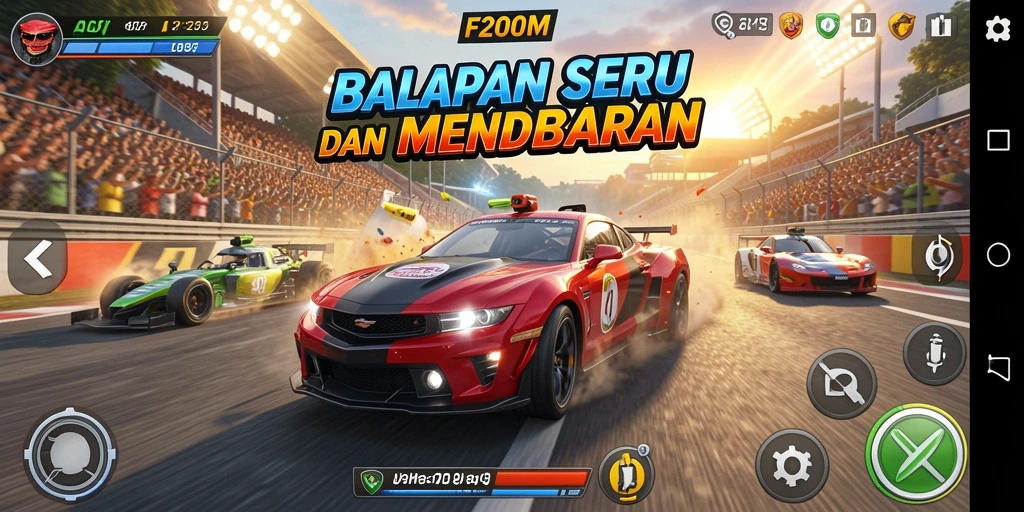 Screenshot F200M menampilkan balapan seru dengan mobil dan trek menantang.